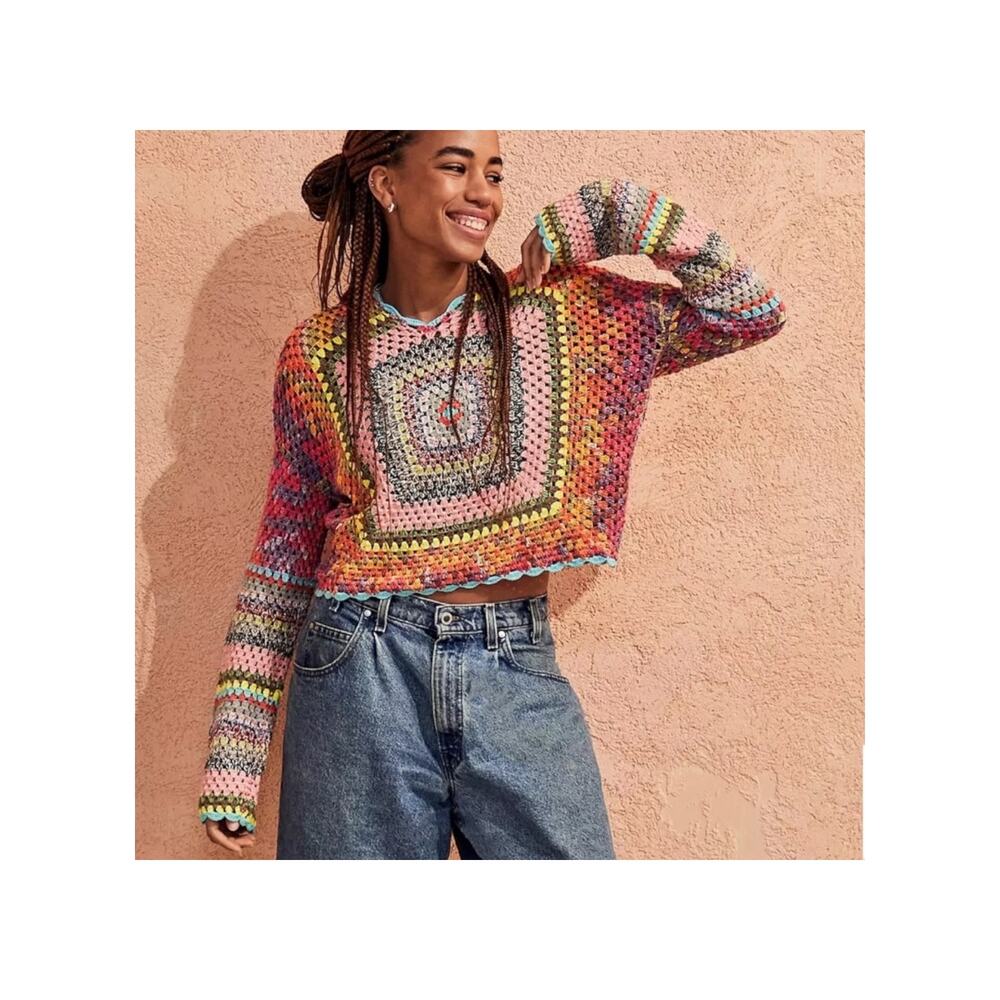 Urban Outfitters Hand-Crocheted Square Hoodie Sweatshirt Size XS Multicolor - Picture 2 of 15